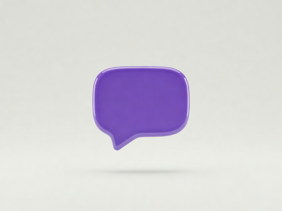 Soft-lit 3D render of a glossy violet chat bubble floating above a plain pale background