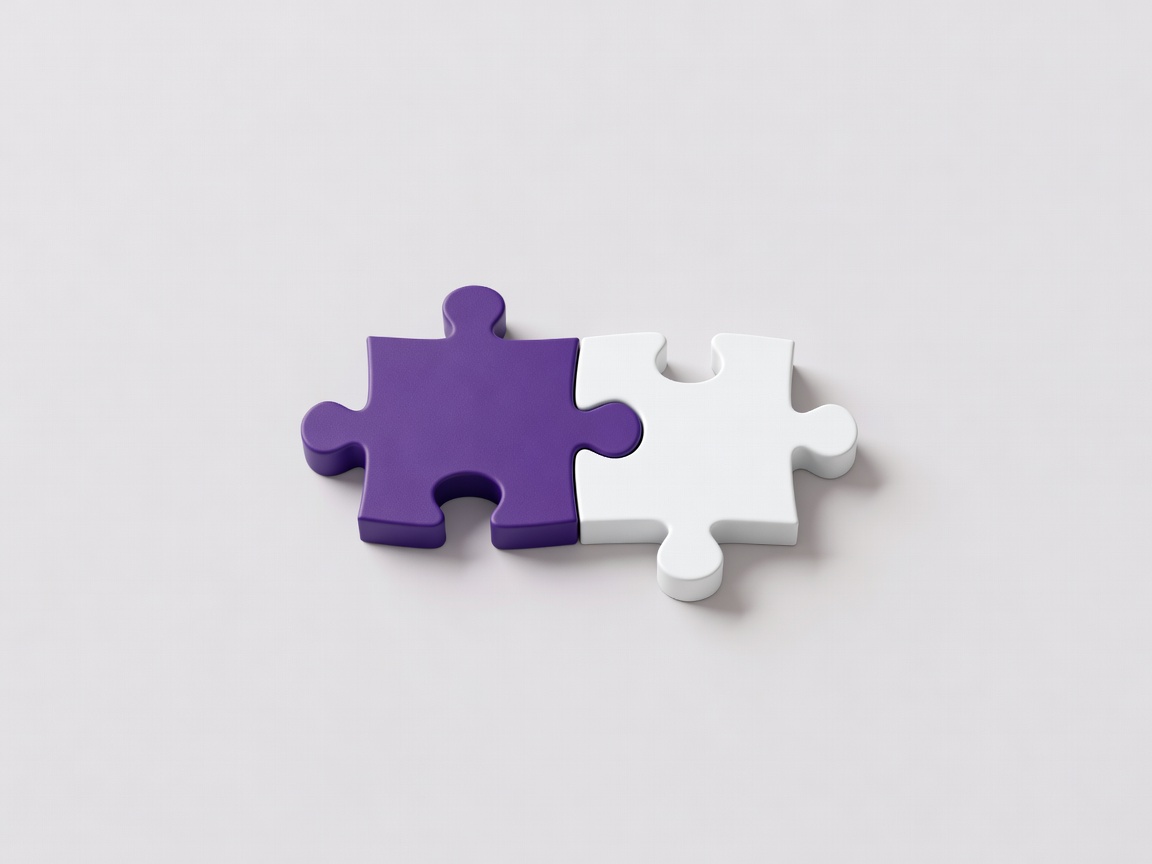 Soft-lit 3D render of two interlocking puzzle pieces in violet and white on a plain pale background