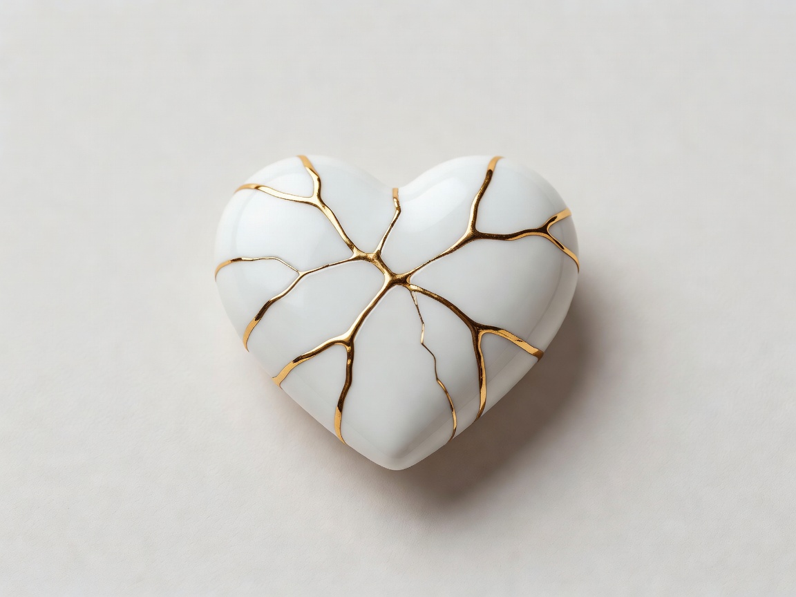 Soft-lit 3D render of a white ceramic heart that has cracked and been mended with gold seams, on a plain pale background