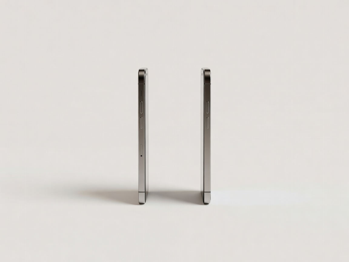 Soft-lit 3D render of two smartphones standing face to face on a plain pale background